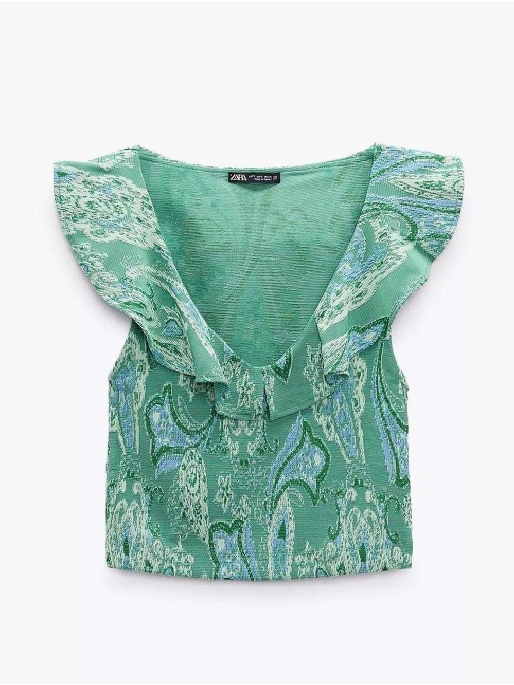 Zara Green Paisley Ruffle Crop Top (XS)
